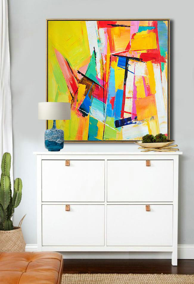 Oversized Palette Knife Painting Contemporary Art On Canvas,Family Wall Decor,Yellow,Blue,Red,Pink,Light Green